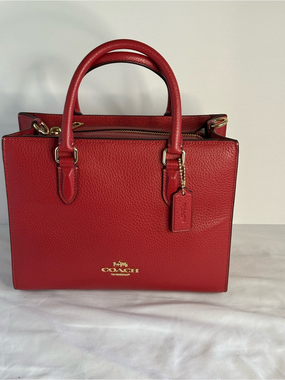 Coach True Red Small Maggie Pebbled Leather Satchel Tote with Gold Hardware